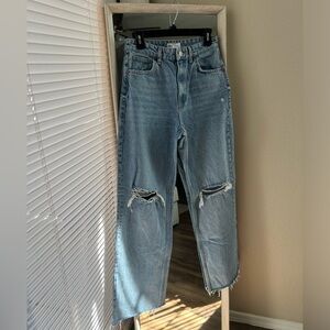 Zara Medium Wash High-Waisted Full Length Wide Leg Raw Hem Denim Jeans